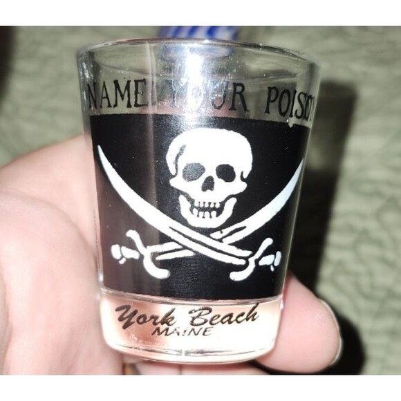 York Beach Maine Pirate Shot Glass Name Your Poison Skull Crossbones 2oz - Picture 1 of 5